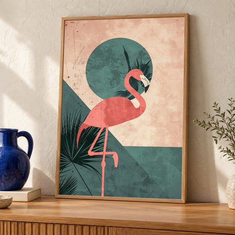 Retro Flamingo Art, Vintage Pink Flamingo Poster, Mid Century Modern Tropical — oak frame room mockup