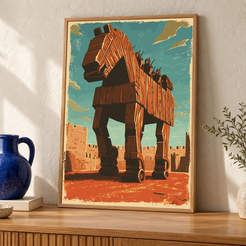 Trojan Horse Ancient Greece Poster - Vintage Greek Mythology Wall Art - Retro Troy Battle Gloss Print - Spartan Epic History Decor — oak frame room mockup
