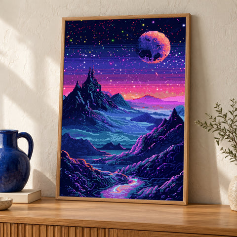 Pixel Art Galaxy Poster Neon Stars Mountain Landscape Wall Art Glossy Print Synthwave Space Decor Retrowave Fantasy Sci-Fi Artwork — oak frame room mockup