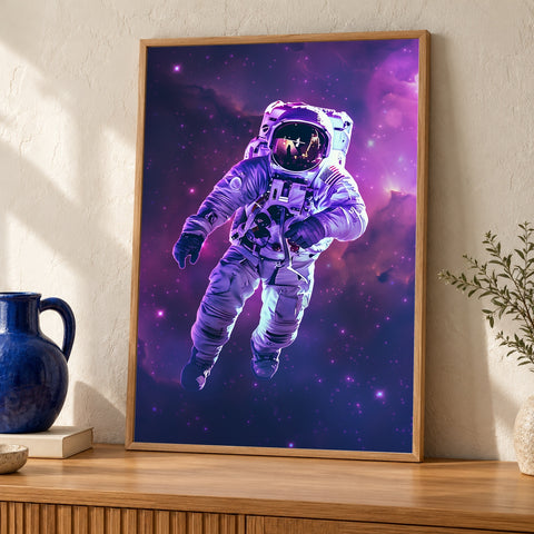 Space Astronaut Art, Neon Galaxy Spaceman Poster — oak frame room mockup