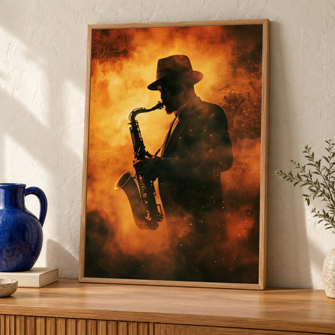 Jazz Saxophone Art, African American Music Print, Retro Noir — oak frame room mockup