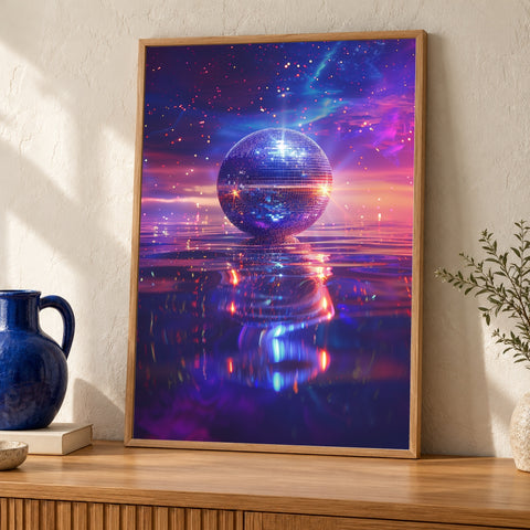 Disco Ball Wall Art, Galaxy Nebula, Retro Cosmic Print — oak frame room mockup