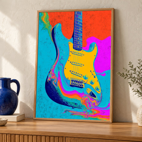 Electric Guitar Print, Psychedelic Neon Pop Art, Retro Rock Poster — oak frame room mockup