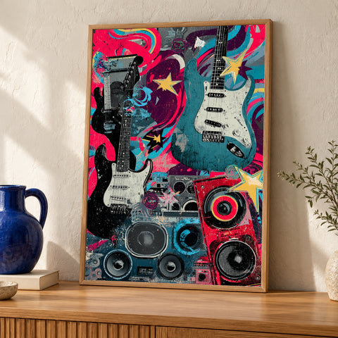 Rock Music Wall Art, Psychedelic Guitar Collage Print, Retro Poster — oak frame room mockup