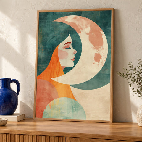 Greek Mythology Art, Selene Moon Goddess Print, Celestial Decor — oak frame room mockup