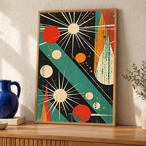 Retro Space Wall Art, Atomic Age Starburst Planet Print — oak frame room mockup