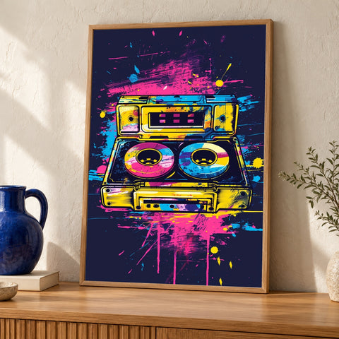 Retro Cassette Art, 1980s Neon Poster, Vintage Music Print — oak frame room mockup