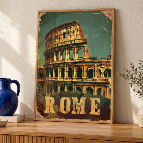 Rome Travel Poster, Colosseum Wall Art, Retro Italy Print — oak frame room mockup