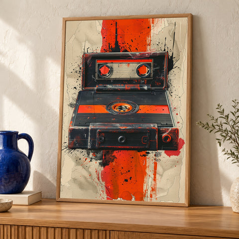 Vintage Cassette Tape Gloss Print, Retro Music Wall Art, 80s Nostalgia Poster, Bold Typography, Muted Color Decor — oak frame room mockup
