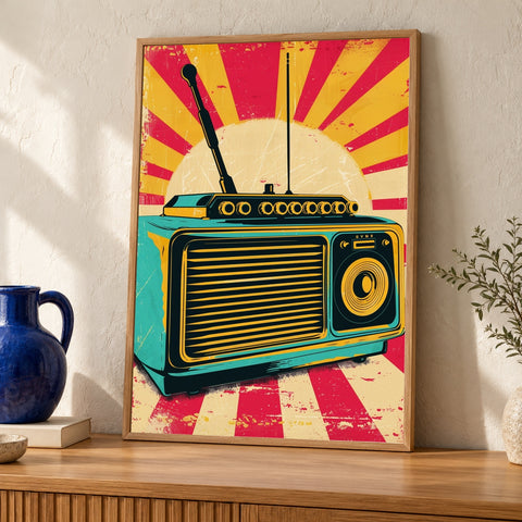 Retro Radio Pop Art, Vintage 1960s Music Poster — oak frame room mockup