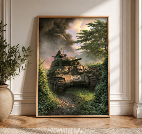 WWII Poster, Sherman Tank Print, American Infantry Art
