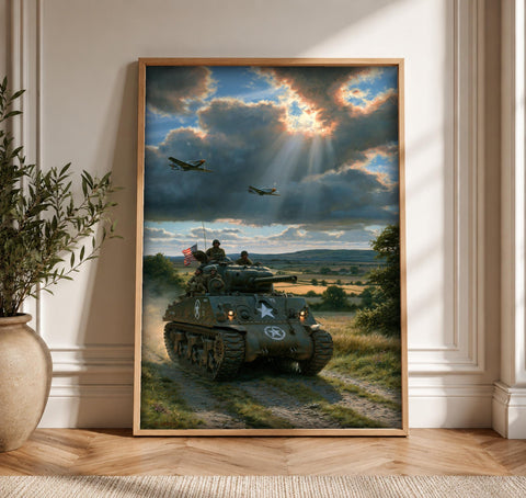 WWII Poster, Sherman Tank Print, American Army Wall Art