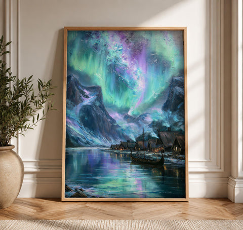 Viking Longship Art, Norse Fjord Aurora Print