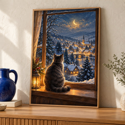 Cat wall art — A Window onto Winter — Framed room mockup