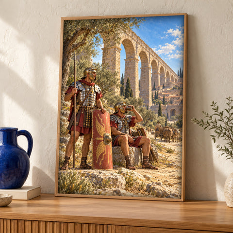 Roman Empire art — Legionaries beside an Aqueduct — Framed room mockup
