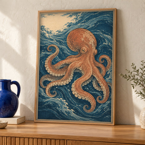 Japanese Wall Art — Octopus Among Waves — Framed room mockup