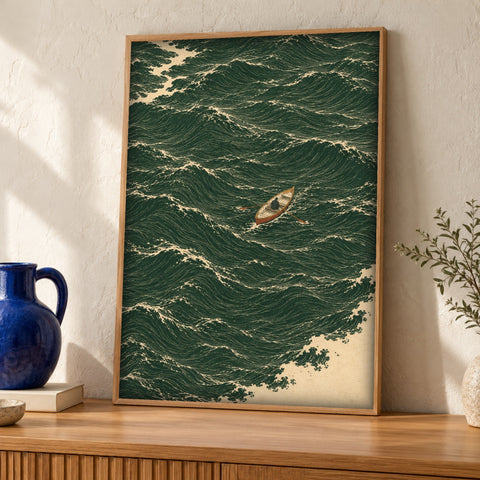 Ocean Poster — Lone Rower — Framed room mockup