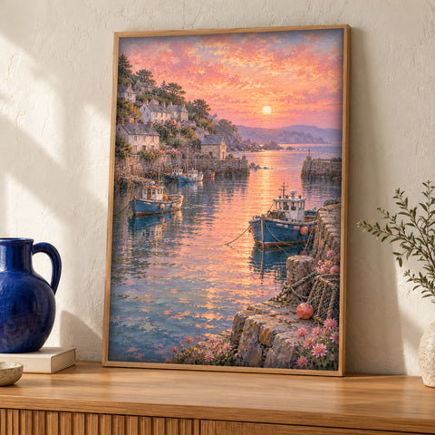 Coastal wall art — Fishing Harbour at Sunset — Framed room mockup