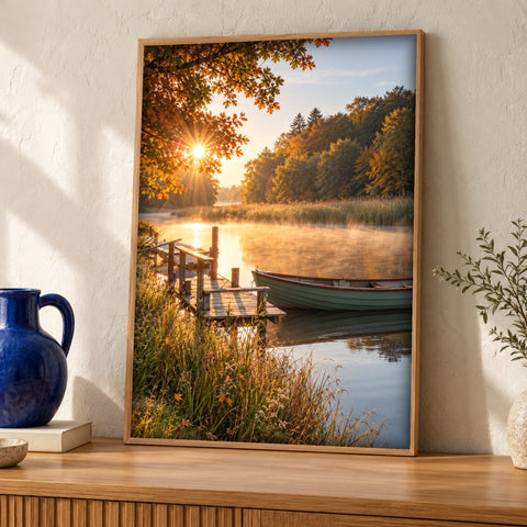 Landscape print — Autumn Lake Rowboat — Framed room mockup