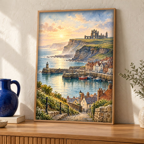 Yorkshire wall art — Whitby Abbey and Harbour — Framed room mockup