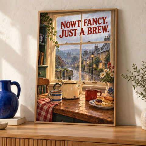 Yorkshire Print — Nowt Fancy, Just a Brew — Framed room mockup