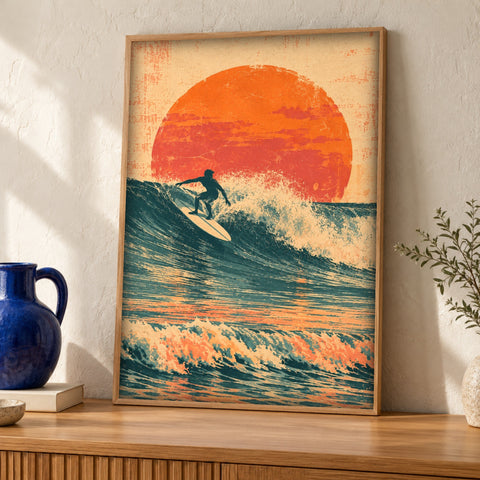 Coastal poster — Sunset Surfing — Framed room mockup