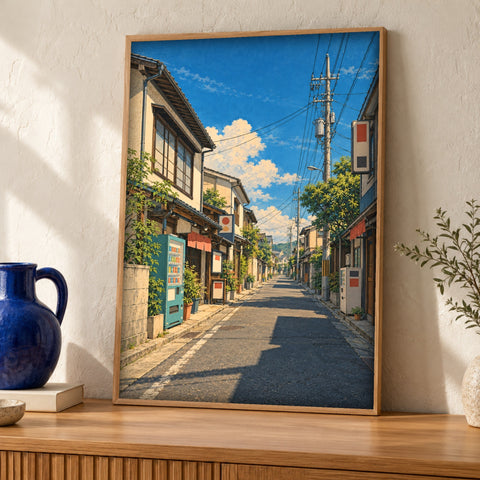 Japanese wall art — A Quiet Neighbourhood Street — Framed room mockup