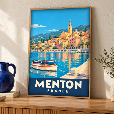 Retro travel poster — Menton, France — Framed room mockup