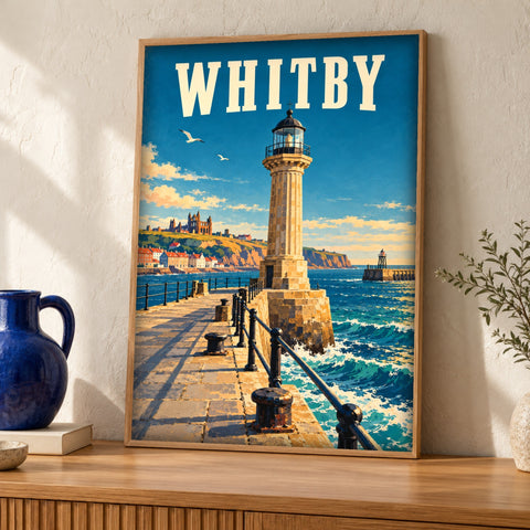 Whitby poster — West Pier Lighthouse — Framed room mockup