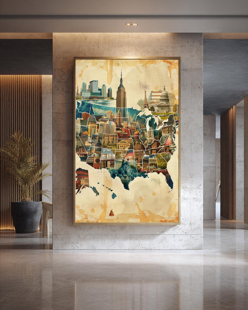 USA landmarks map artwork representing American History and Americana