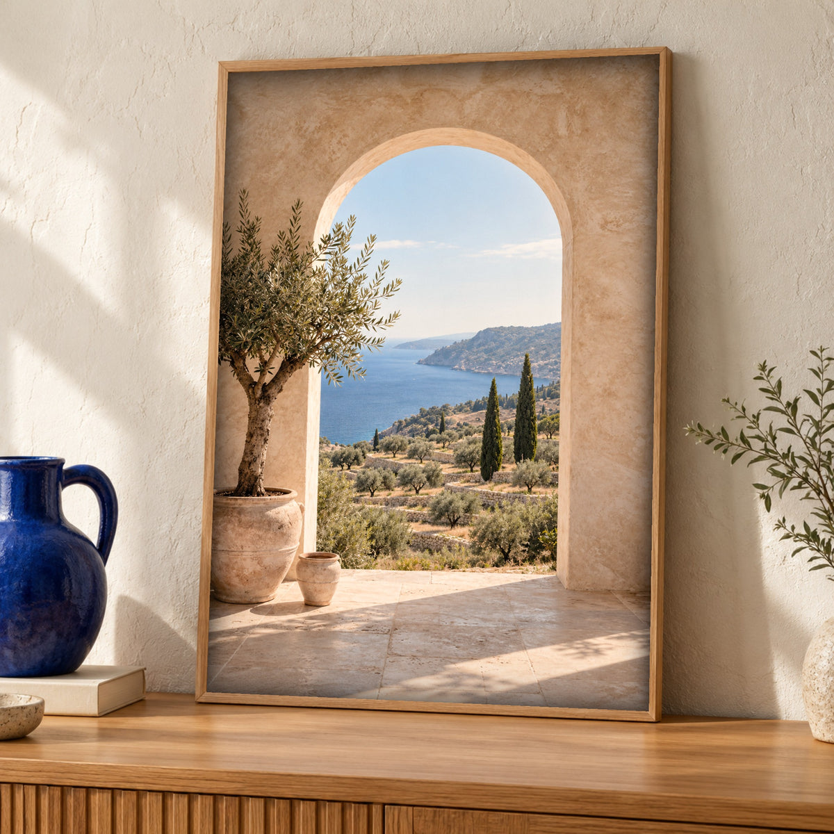 Coastal poster, Mediterranean olive grove, Sunlit terrace decor, Framed Unframed or Digital
