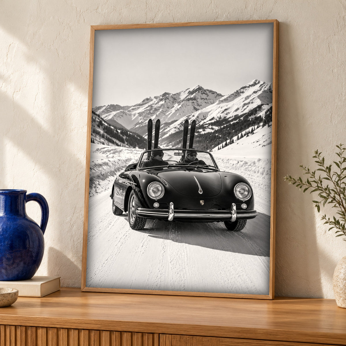 Classic car print, Porsche 356, Alpine ski decor, Framed Unframed or Digital