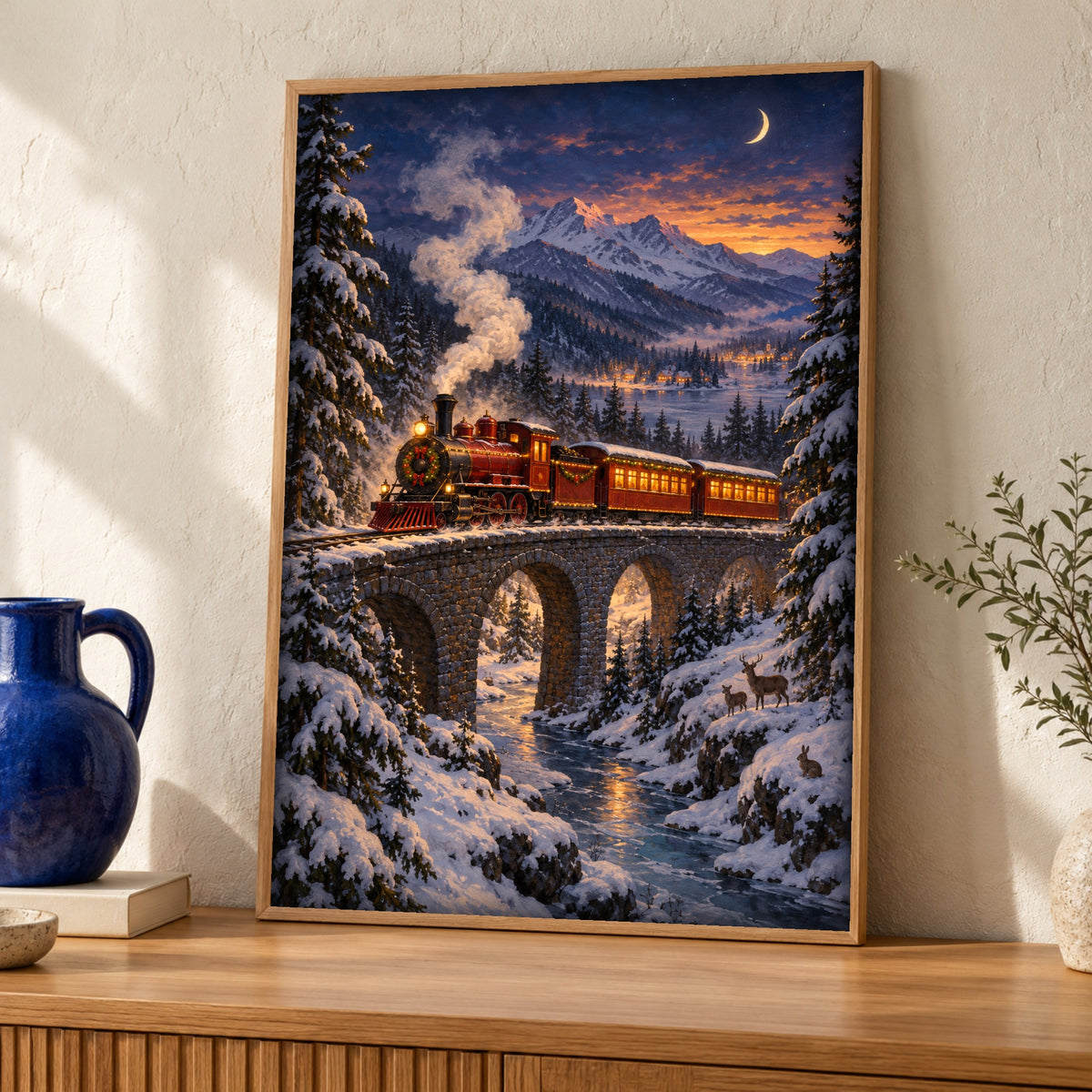 Christmas train, Mountain steam locomotive, Winter wall art, Framed Unframed or Digital