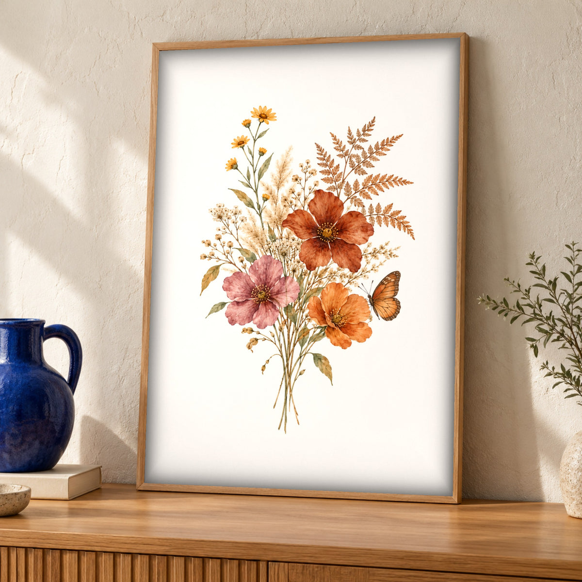Floral print, Wildflower Bouquet Butterfly, Botanical Decor, Framed Unframed or Digital