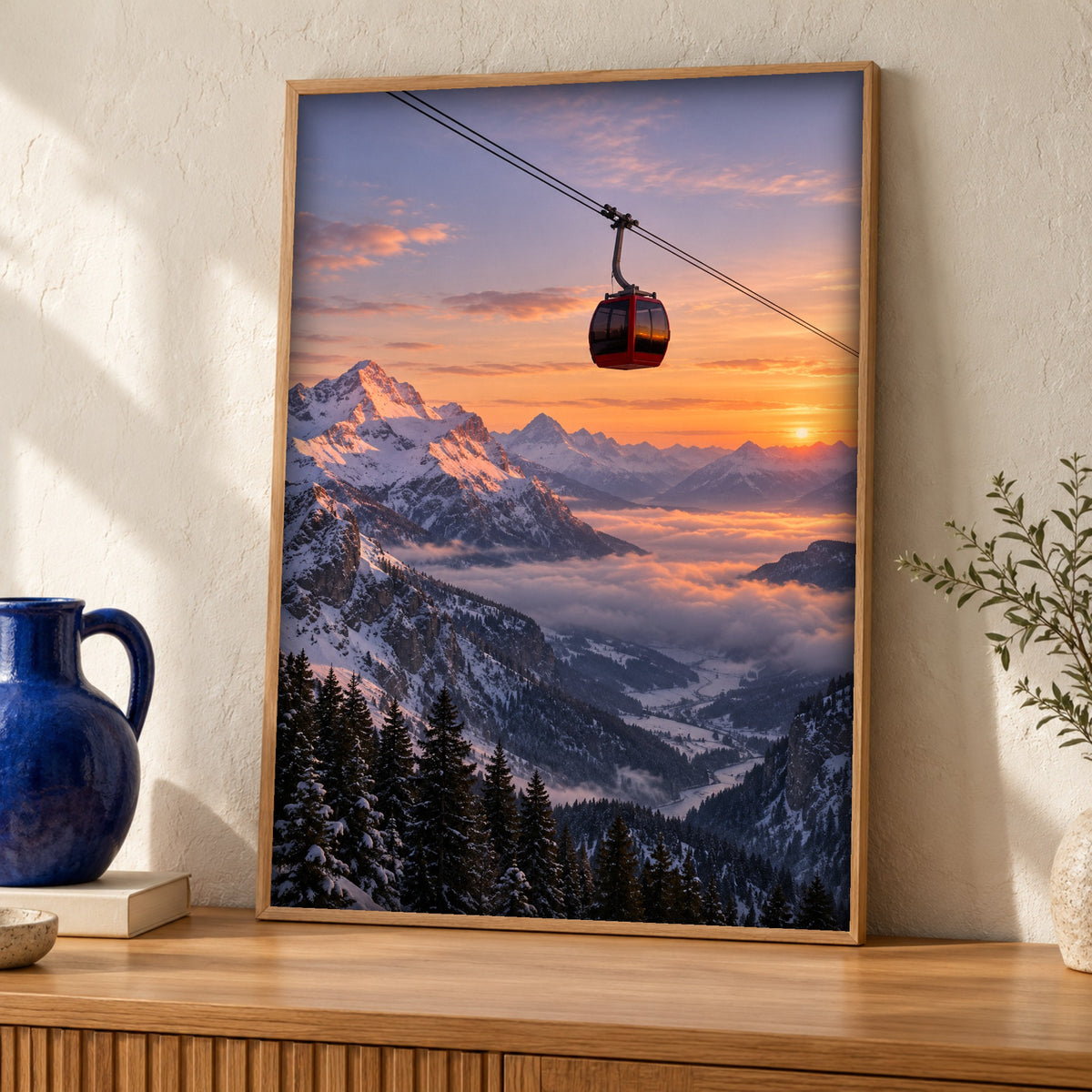 Mountain wall art, Sunset Cable Car, Ski Lodge Decor, Framed Unframed or Digital