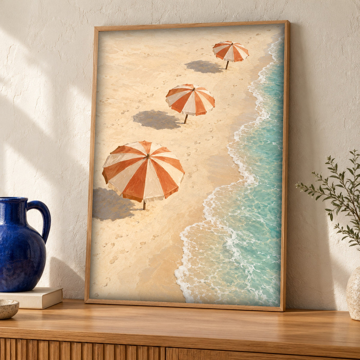 Coastal poster, Striped Beach Parasols, Seaside Decor, Framed Unframed or Digital