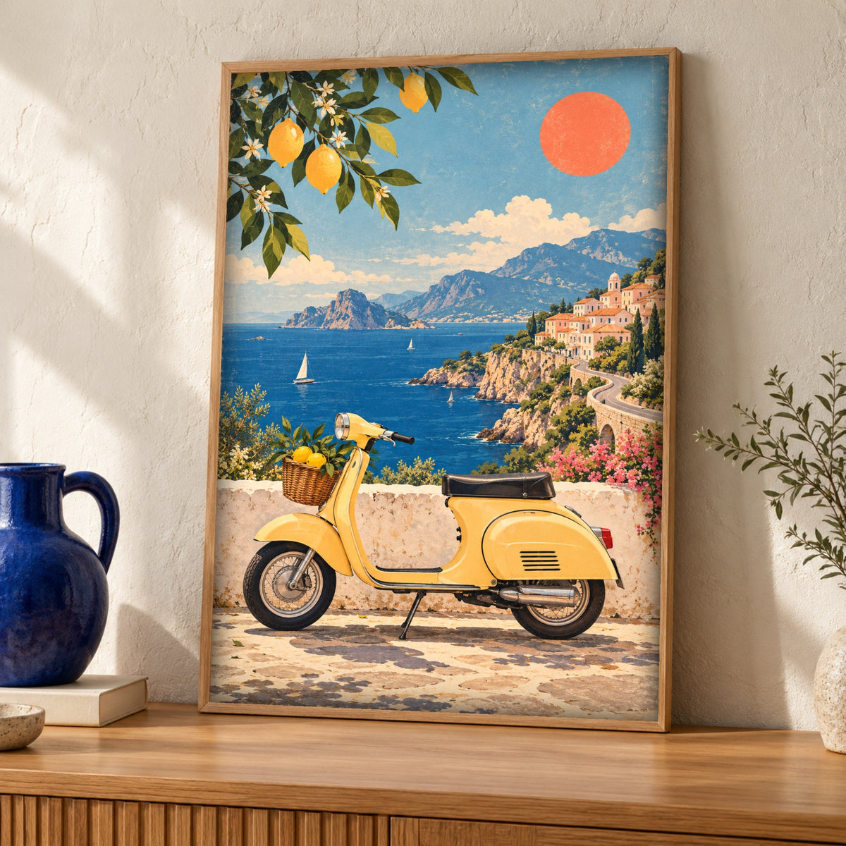 Retro travel poster, Amalfi Coast, Italian coastal decor, Framed Unframed or Digital