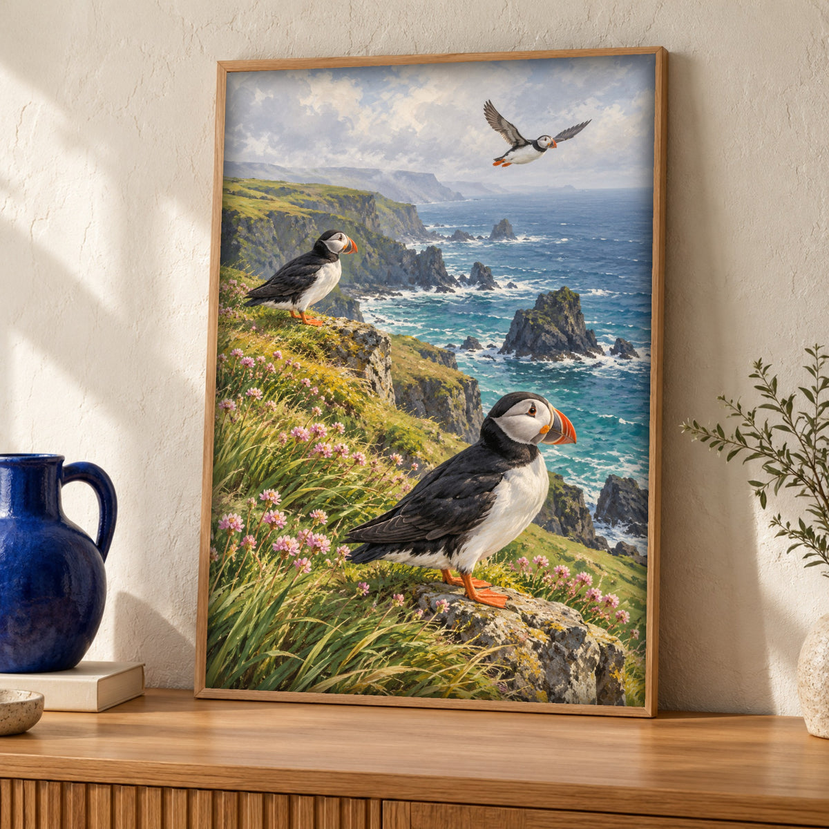 Coastal wall art, Atlantic Puffins, Bird Print, Framed Unframed or Digital