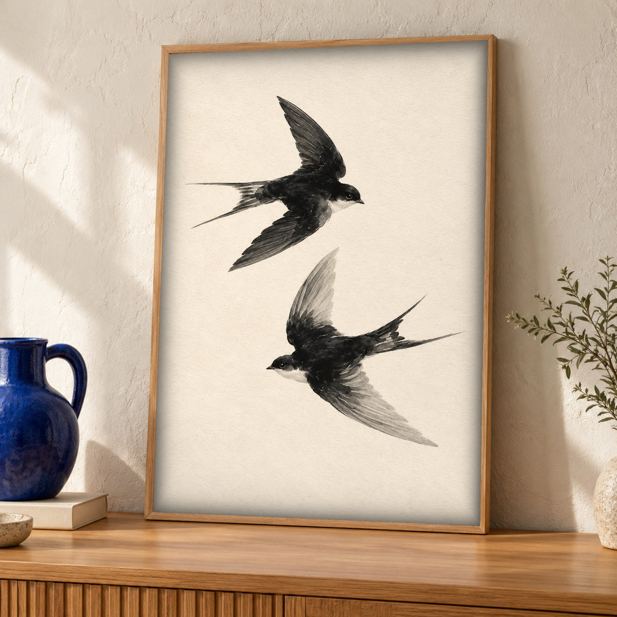 Swallow wall art, Flying Pair, Vintage Bird Print, Framed Unframed or Digital