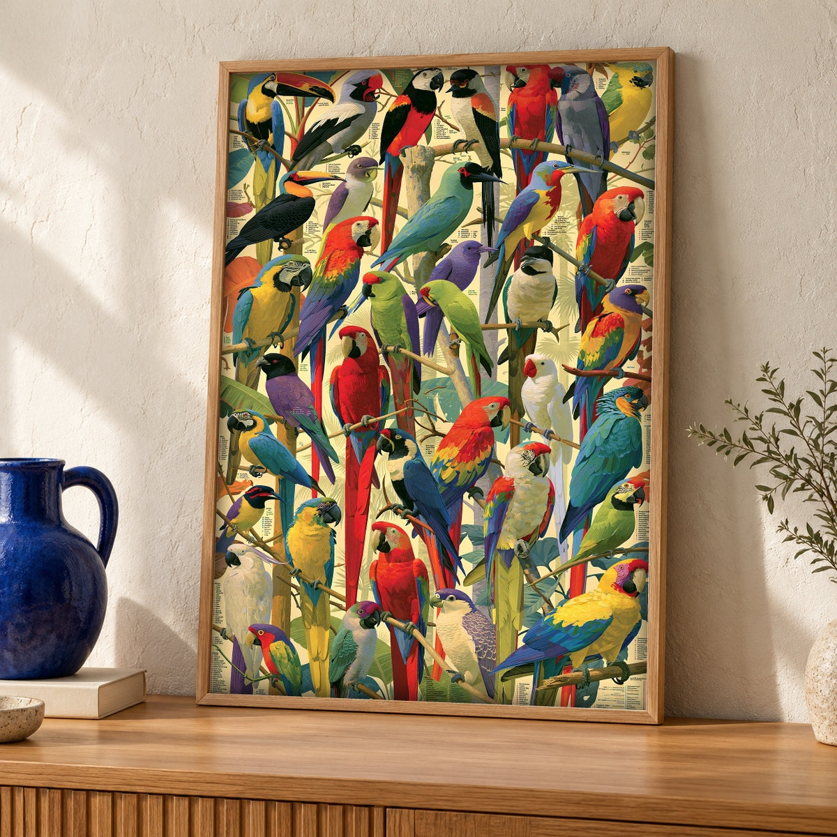 Tropical Bird Art, Exotic Parrot Macaw, Vibrant Wall Decor — oak frame room mockup