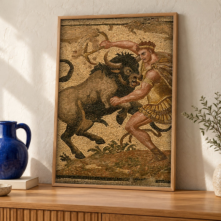 Greek Mythology Poster, Hercules Cretan Bull, Ancient Roman Mosaic