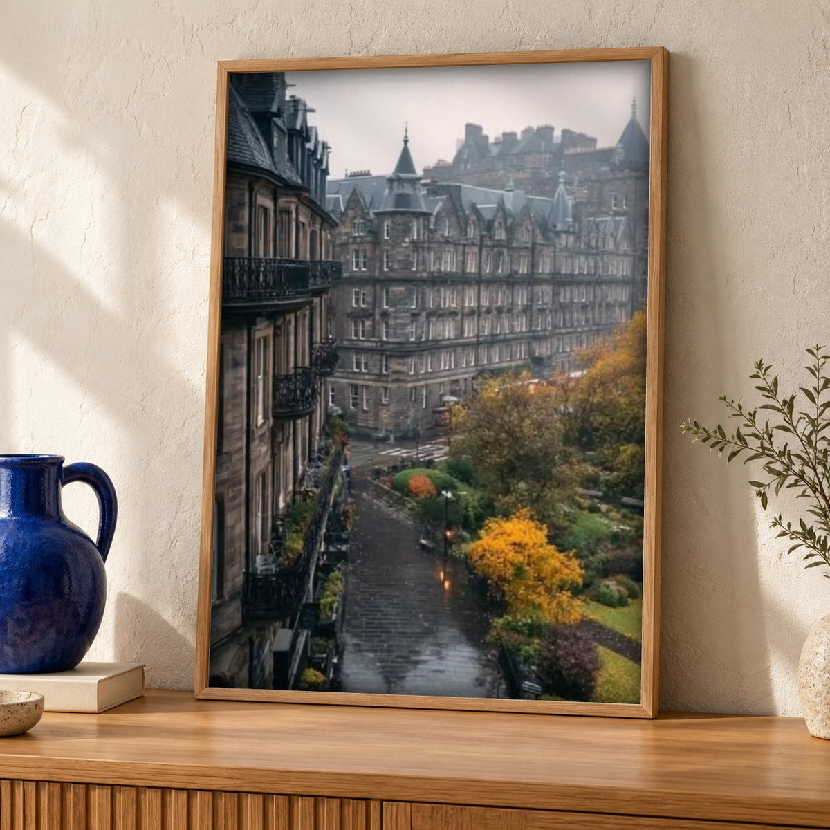 Medieval Wall Art, Edinburgh Castle Rain Print, Gothic Architecture — oak frame room mockup