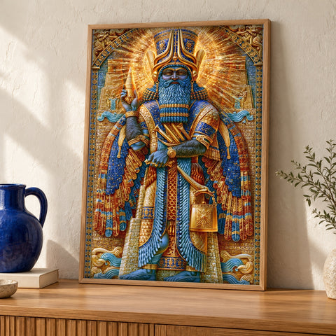 Babylon Wall Art, Marduk God King Print, Bronze Age — oak frame room mockup