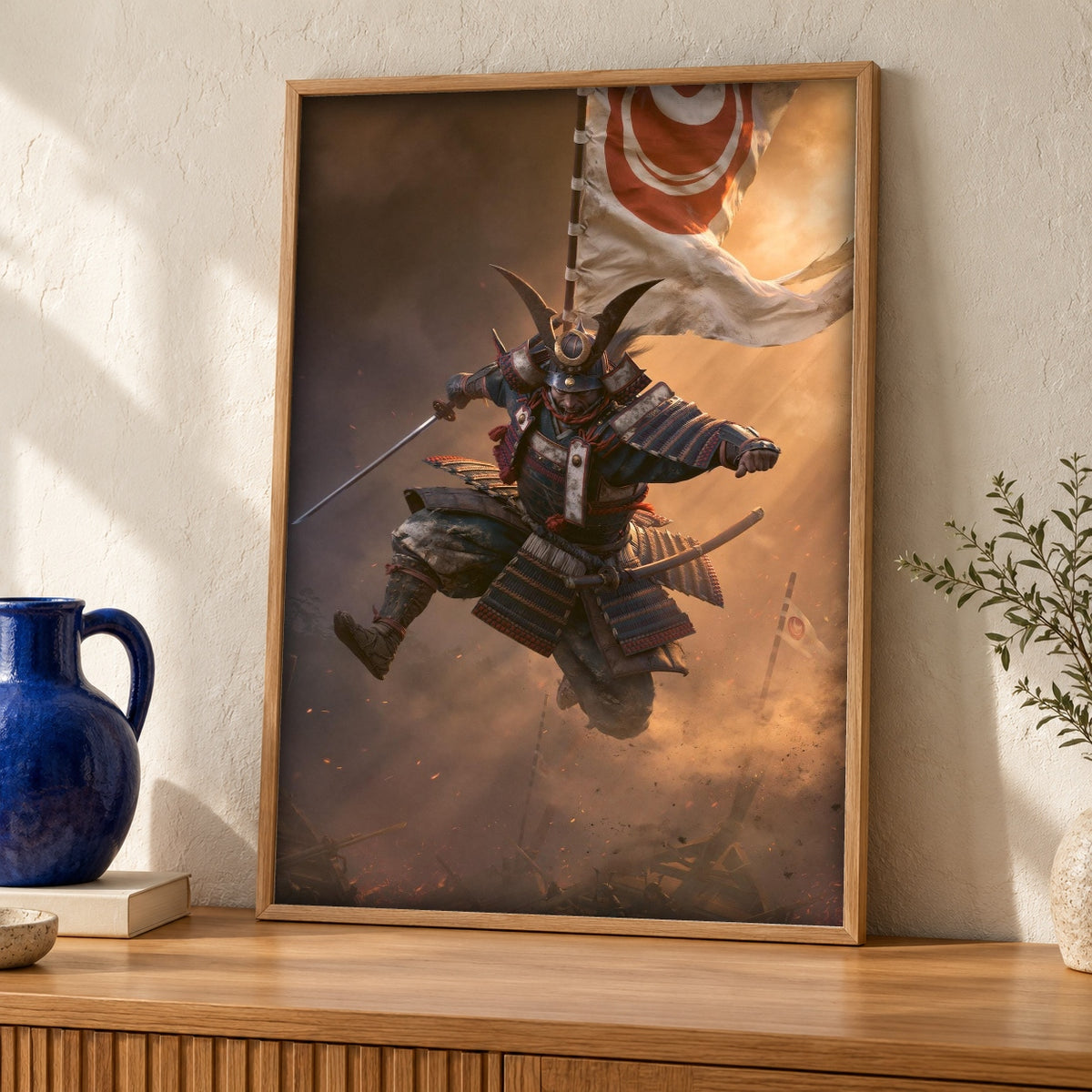 Samurai Wall Art, Japanese Warrior Print, Medieval Battle — oak frame room mockup
