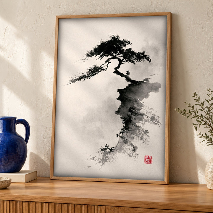 Japanese ink art, Ancient Pine Tree Print, Sumi-e Painting
