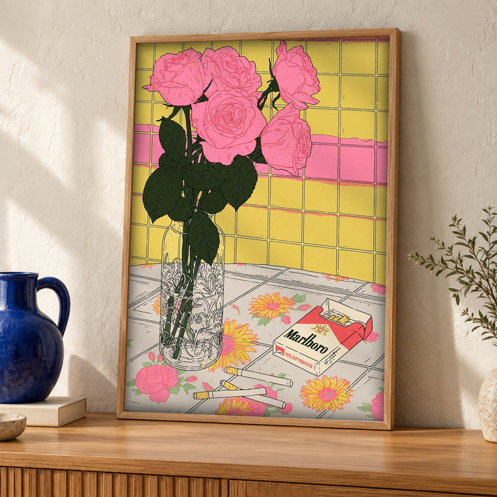 Retro Floral Still Life, Vintage Rose Illustration, Moody Kitchen Poster