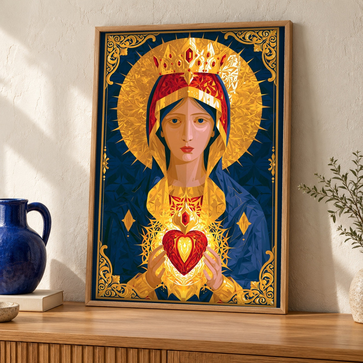 Christian Icon Art, Immaculate Heart Mary, Catholic Gift — oak frame room mockup