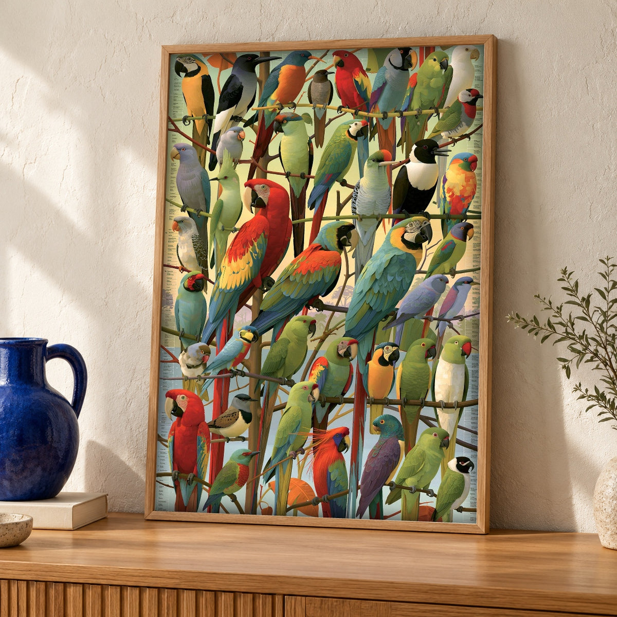 Parrot Species Chart, Tropical Bird Naturalist Print — oak frame room mockup