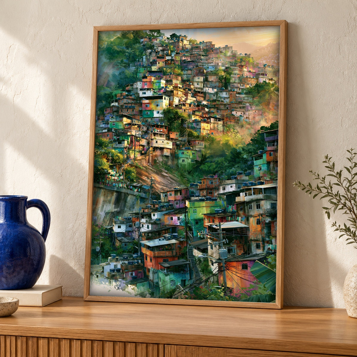 Urban Wall Art, Rio Favela Hillside, Vibrant Folk Print — oak frame room mockup