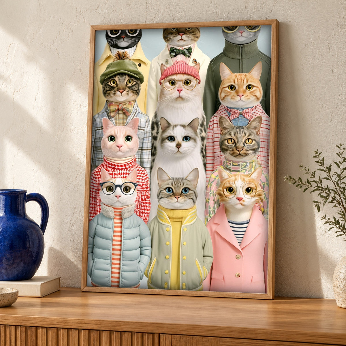 Cat Lover Gift, Funny Cat Poster, Quirky Fashion Feline Art — oak frame room mockup